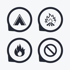 Tourist camping tent sign. Fire flame icons.