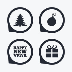 Happy new year sign. Christmas tree and gift box