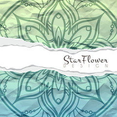 Vector background of crumpled torn paper with floral circular pattern. Mandala. Ragged edges.