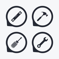 Screwdriver and bubble level, hammer.