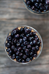 Chia seeds pudding with blueberries in a glass