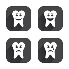 Tooth happy, sad and crying face icons.
