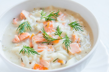 Salmon soup with noodles