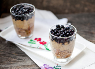 Chia seeds pudding with blueberries in a glass