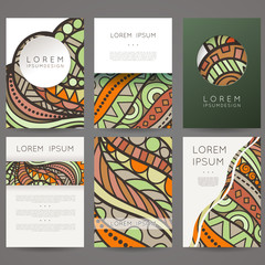 Set of vector design templates. Brochures in random colorful style. Vintage frames and backgrounds.