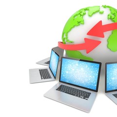 Laptop network around earth globe. 3d render