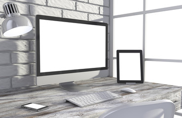 Fototapeta premium 3D illustration PC screen on table in office, Workspace
