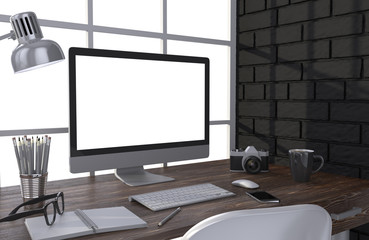 3D illustration PC screen on table in office, Workspace