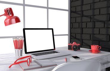 3D illustration laptop and work stuff on table near brick wall, Workspace