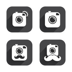 Hipster photo camera with mustache icons.
