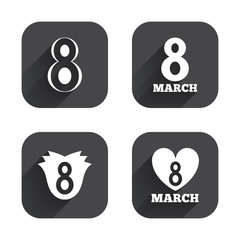 8 March Women's Day icons. Flower, heart symbols