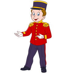 cute and happy cartoon indoor hotel porter (bellboy, bellman, bellhop, doorman, doorkeeper), isolated on a white background