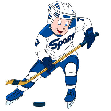 cute and playful cartoon boy hockey player, isolated on a white background