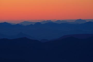 Fototapeta na wymiar Scenic mountains view after sunset. View from Mt. Hood, Cooper Spur. USA Pacific Northwest, Oregon.
