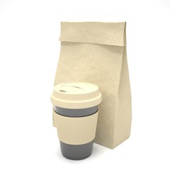 Coffee to go and lunch bag, on white.