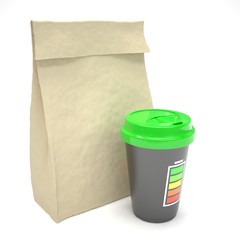 Coffee to go and lunch bag, on white.