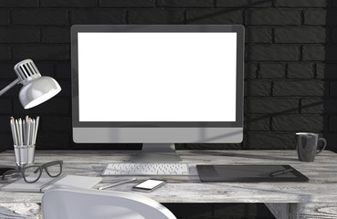 Fototapeta premium 3D illustration PC screen on table in office, Workspace