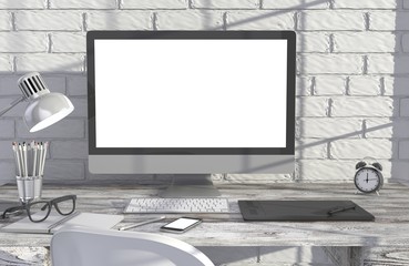 Fototapeta premium 3D illustration PC screen on table in office, Workspace