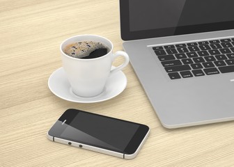 Laptop smartphone and coffee cup on wood table