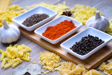 Spices, pasta and garlic
