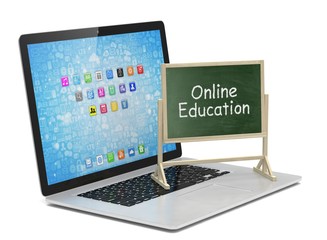  Laptop with chalkboard, online education concept