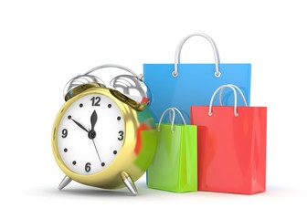 alarm clock and shopping bag (time to buy concept)