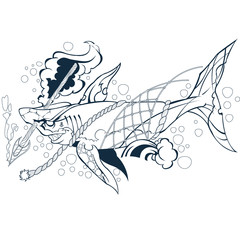 Illustration of wounded shark, marine mammal.
