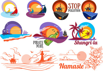 Set of colorful paintings of marine subjects.