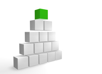 Fourteen white and one green cubes stacked up on white backgroun