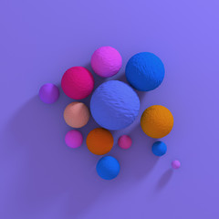 Geometric colorful spheres on purple background.