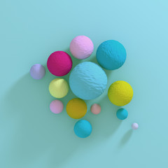 Geometric colorful spheres on bright, light blue background.