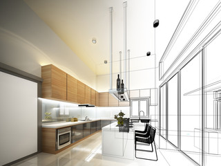 abstract sketch design of interior kitchen, 3d render