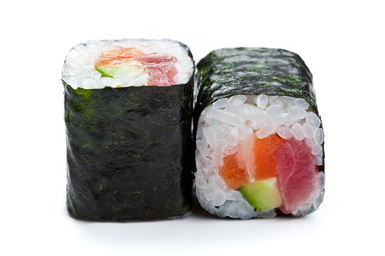     Two Sushi Maki Rolls Close Up With  Salmon And Tuna   On White Background 