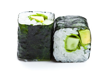   Two sushi maki rolls with avocado, cucumber and  nori on white background  © maxsmolyar