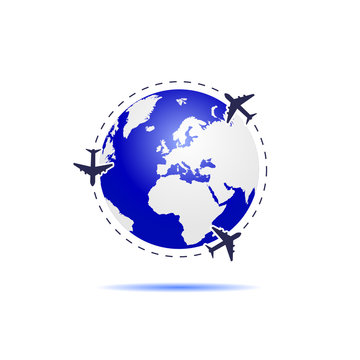 planet earth with airplane blue illustration