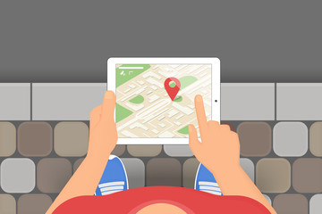Man holds in his hand a tablet pc with mobile application for gps navigation. Illustration of traveling and finding locations using mobile gadgets
