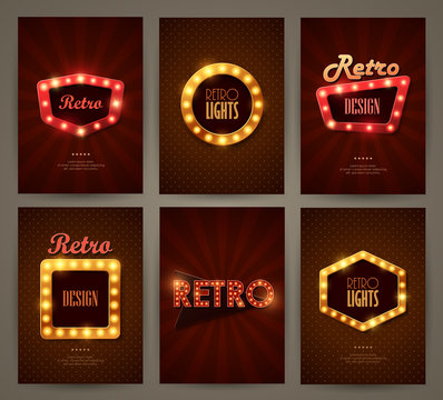 Set of brochures in retro style. Vector illustration. Retro light frames