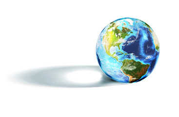 Colorful world globe casting a shadow on white