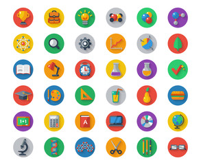 Flat School Icons on Circles with Shadow. Vector Collection. 