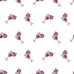 Fototapeta na wymiar Seamless vector pattern with wineglasses with red wine and bunches of grape on the white background. Series of Food and Drink Seamless Patterns.