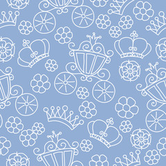 Hand drawn seamless vector blue pattern of little princess doodles. Background for use in design, web site, textile.  T-shirt Graphics. Girl print. © Kavalenkava