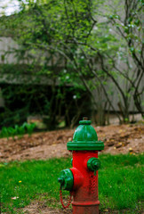 Fototapeta na wymiar Red fire hydrant in city setting