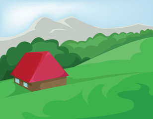Obraz na płótnie Canvas Mountain Valley and Small House with Red Roof. Countryside view. Digital background vector illustration.