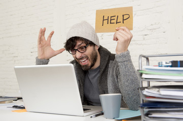 young tired hispanic hipster businessman busy asking for help suffering stress