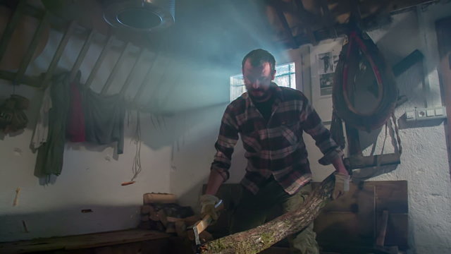 Pieces of wood flying all around 