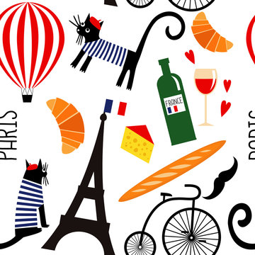 Cartoon french culture symbols seamless pattern. Funny Paris illustration: wine, Eiffel tower, baguette, retro bicycle, mustache, cheese. Summer holidays in Paris vector background.