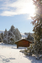 Winter landscape with a small chalet