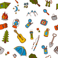 Hand drawn camping and hiking seamless pattern in color. Doodle