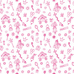 Hand drawn seamless pattern with princess doodle design elements