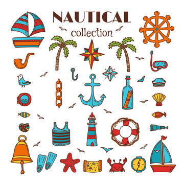 Hand drawn nautical collection. Sea and ocean. Marine icon set.